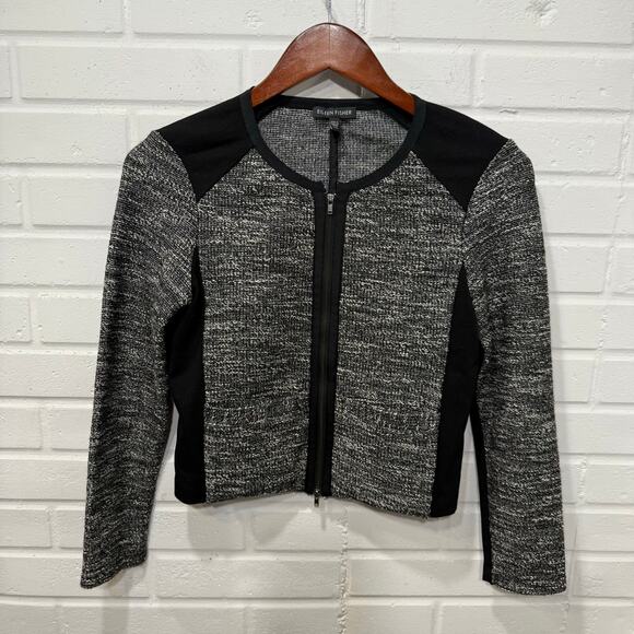 Eileen Fisher Collarless Tweed Crop Jacket Full Zip Italian Ponte Black White XS - Picture 4 of 14